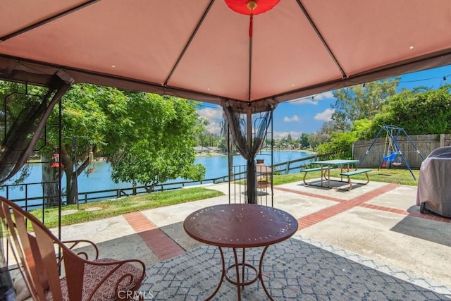 42724 Santa Suzanne Pl, Temecula, CA 92592 - view of patio / terrace with a gazebo, a water view, a playground, and area for grilling