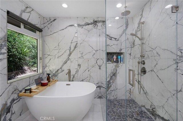 170 Buckthorn Dr, Brea, CA 92823 - full bath with tile walls, marble tiled flooring, a marble finish shower, a freestanding tub, and recessed lighting
