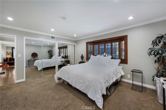 170 Buckthorn Dr, Brea, CA 92823 - bedroom with carpet floors, two closets, recessed lighting, and ornamental molding