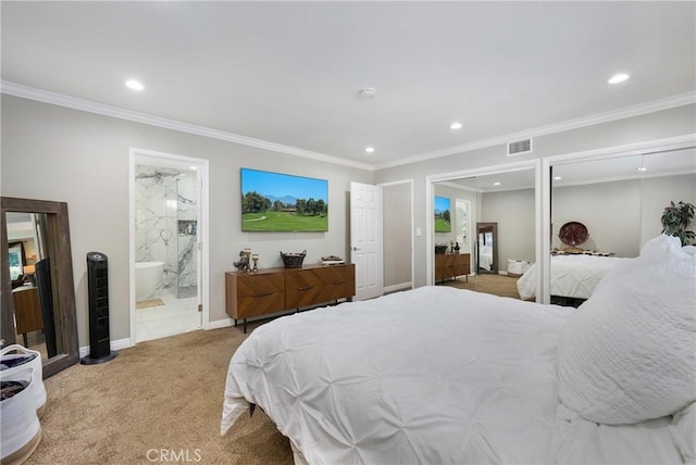 170 Buckthorn Dr, Brea, CA 92823 - bedroom featuring carpet, recessed lighting, ornamental molding, two closets, and ensuite bath