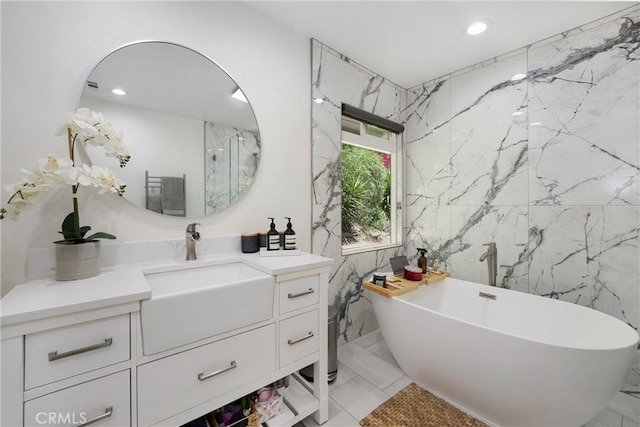 170 Buckthorn Dr, Brea, CA 92823 - full bath featuring vanity, a freestanding bath, marble tiled flooring, and recessed lighting