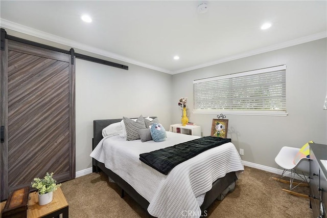 170 Buckthorn Dr, Brea, CA 92823 - carpeted bedroom featuring a barn door, recessed lighting, and crown molding