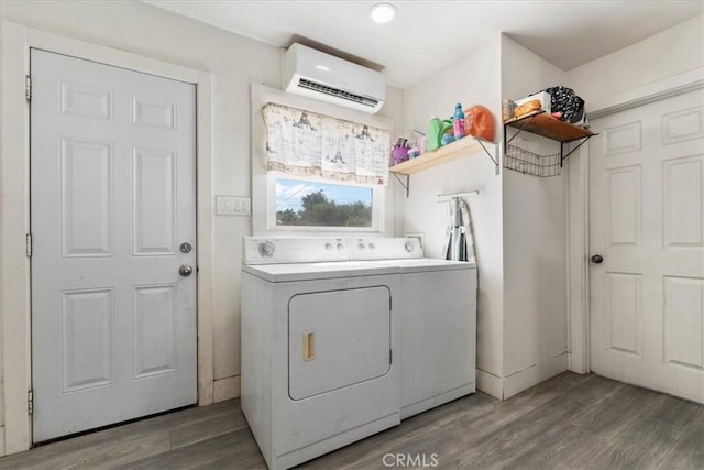 2838 N G St, San Bernardino, CA 92405 - laundry area featuring independent washer and dryer, a wall mounted AC, and wood finished floors