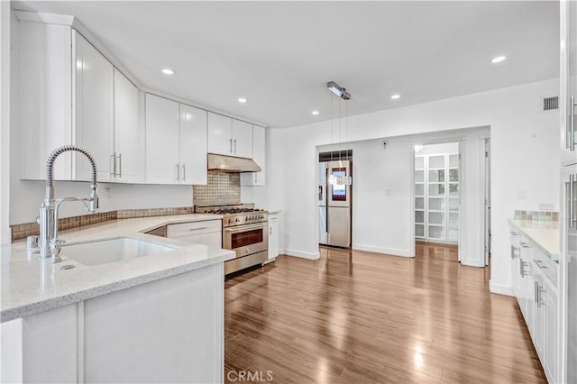 5333 Zelzah Ave Unit 203, Encino, CA 91316 - kitchen with stainless steel appliances, under cabinet range hood, white cabinetry, light wood-type flooring, and light stone counters