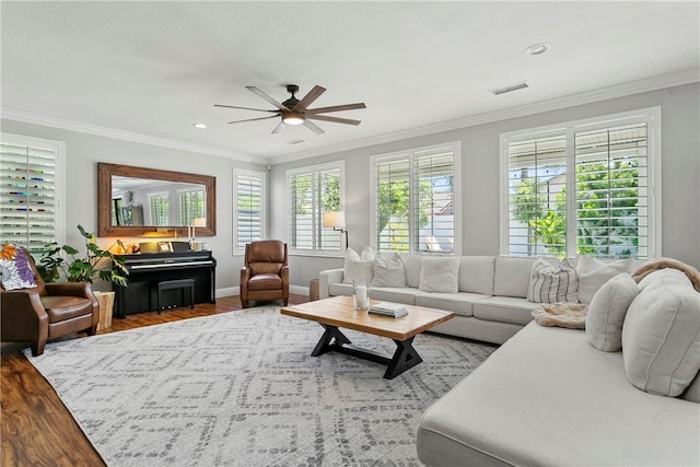 23763 Aspen, Murrieta, CA 92562 - living area with ceiling fan, wood finished floors, ornamental molding, and recessed lighting