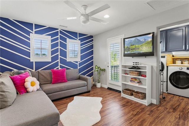 23763 Aspen, Murrieta, CA 92562 - living room with washer / dryer, an accent wall, a ceiling fan, wallpapered walls, and wood finished floors