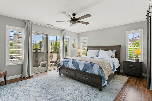 23763 Aspen, Murrieta, CA 92562 - bedroom featuring access to outside, dark wood-style flooring, and ceiling fan