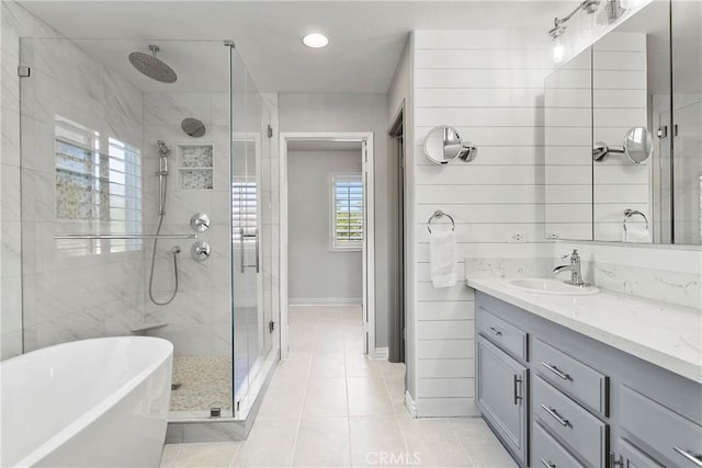 23763 Aspen, Murrieta, CA 92562 - full bath featuring a stall shower, a freestanding bath, vanity, tile patterned floors, and recessed lighting