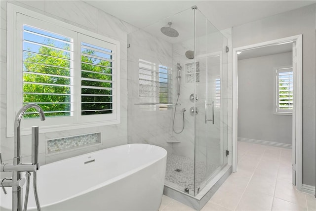 23763 Aspen, Murrieta, CA 92562 - bathroom with a shower stall, a freestanding tub, and tile patterned flooring