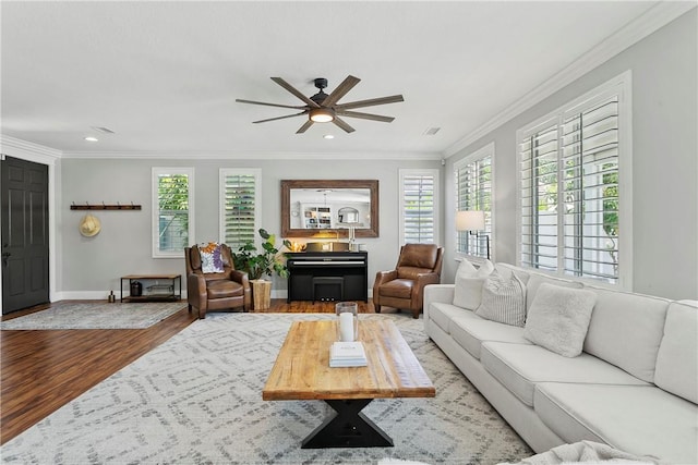 23763 Aspen, Murrieta, CA 92562 - living area with a ceiling fan, healthy amount of natural light, ornamental molding, wood finished floors, and recessed lighting