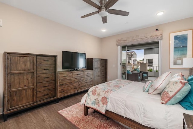 800 Grand Ave Unit 105, Carlsbad, CA 92008 - bedroom featuring dark wood-style floors, access to exterior, recessed lighting, and ceiling fan