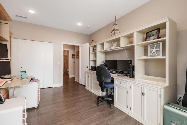 800 Grand Ave Unit 105, Carlsbad, CA 92008 - office area with built in study area, dark wood-type flooring, and recessed lighting