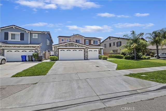 17129 Lacebark St, Fontana, CA 92337 - traditional-style home featuring stone siding, concrete driveway, a front yard, and an attached garage
