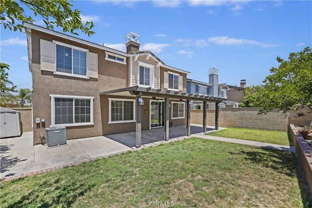 17129 Lacebark St, Fontana, CA 92337 - rear view of property with a fenced backyard, stucco siding, a pergola, ceiling fan, and a patio area