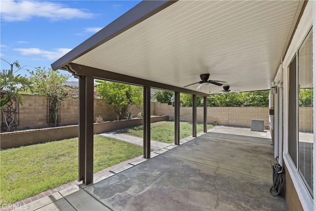 17129 Lacebark St, Fontana, CA 92337 - fenced backyard featuring a ceiling fan and a patio area