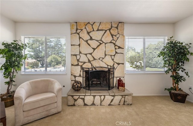 450 Marilyn Ln, Redlands, CA 92373 - carpeted living area featuring plenty of natural light and a stone fireplace
