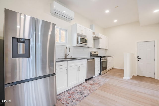 5040 Island View St, Oxnard, CA 93035 - kitchen with stainless steel appliances, an AC wall unit, light wood-type flooring, white cabinetry, and backsplash