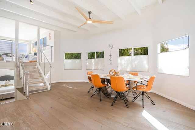 5040 Island View St, Oxnard, CA 93035 - dining room with healthy amount of natural light, wood-type flooring, beam ceiling, and stairs