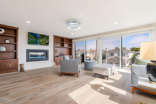 5040 Island View St, Oxnard, CA 93035 - living area featuring a glass covered fireplace, light wood-style flooring, and built in features