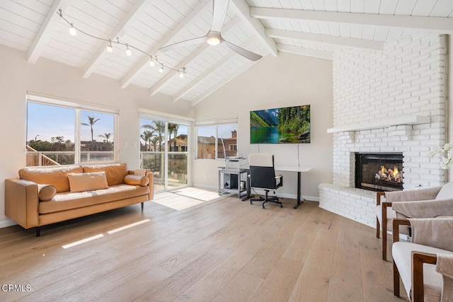 5040 Island View St, Oxnard, CA 93035 - living area with light wood-style flooring, wooden ceiling, a fireplace, and a ceiling fan
