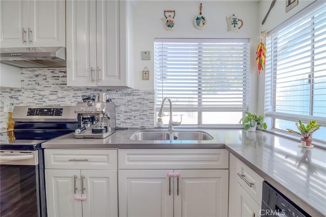 5970 Sky Meadow St, Jurupa Valley, CA 92509 - kitchen featuring stainless steel electric stove, under cabinet range hood, tasteful backsplash, and white cabinetry