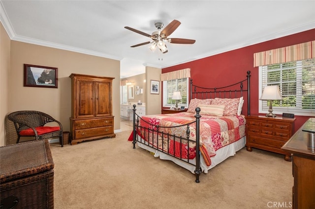 25572 Orchard Rim Ln, Lake Forest, CA 92630 - bedroom with light carpet, ornamental molding, a ceiling fan, and ensuite bathroom