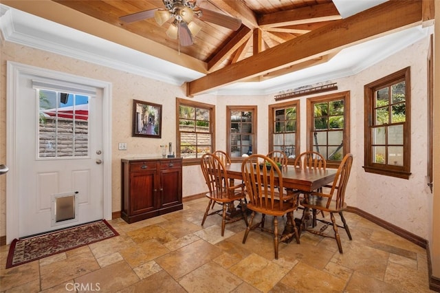 25572 Orchard Rim Ln, Lake Forest, CA 92630 - dining room with stone tile floors, wood ceiling, a ceiling fan, and crown molding