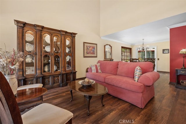25572 Orchard Rim Ln, Lake Forest, CA 92630 - living room featuring a chandelier, wood finished floors, and ornamental molding
