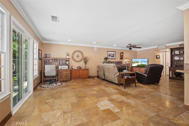 25572 Orchard Rim Ln, Lake Forest, CA 92630 - living area with stone tile flooring, a ceiling fan, recessed lighting, and crown molding