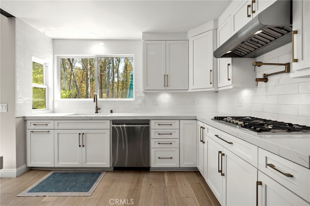 24932 Dove Tree Ln, Lake Forest, CA 92630 - kitchen with appliances with stainless steel finishes, under cabinet range hood, light wood finished floors, and light stone counters