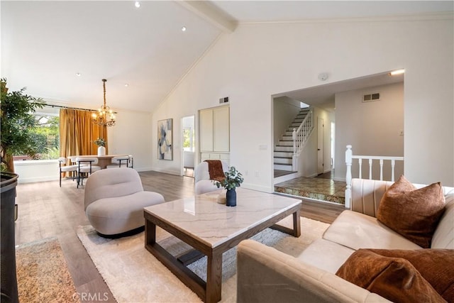 6935 Verde Ridge Rd, Rancho Palos Verdes, CA 90275 - living area with light wood-style floors, a chandelier, high vaulted ceiling, beam ceiling, and stairs