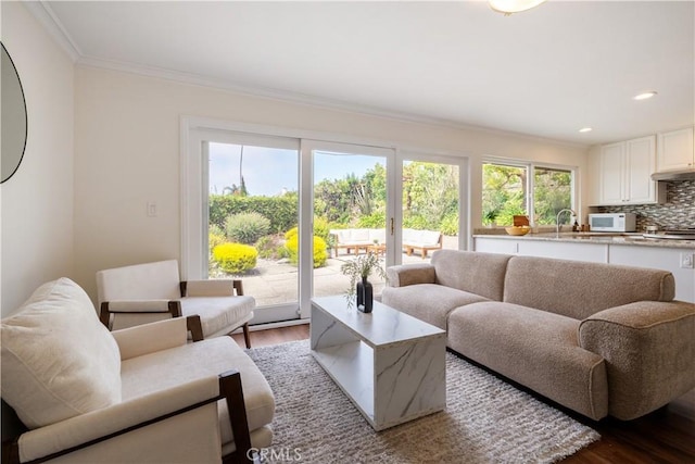 6935 Verde Ridge Rd, Rancho Palos Verdes, CA 90275 - living area with wood finished floors, ornamental molding, and recessed lighting