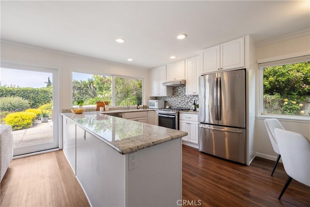 6935 Verde Ridge Rd, Rancho Palos Verdes, CA 90275 - kitchen featuring stainless steel appliances, under cabinet range hood, a peninsula, ornamental molding, and white cabinets