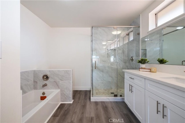 6935 Verde Ridge Rd, Rancho Palos Verdes, CA 90275 - full bathroom with vanity, a bath, wood finished floors, and a stall shower