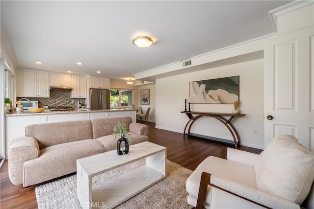 6935 Verde Ridge Rd, Rancho Palos Verdes, CA 90275 - living area with dark wood finished floors, recessed lighting, and ornamental molding