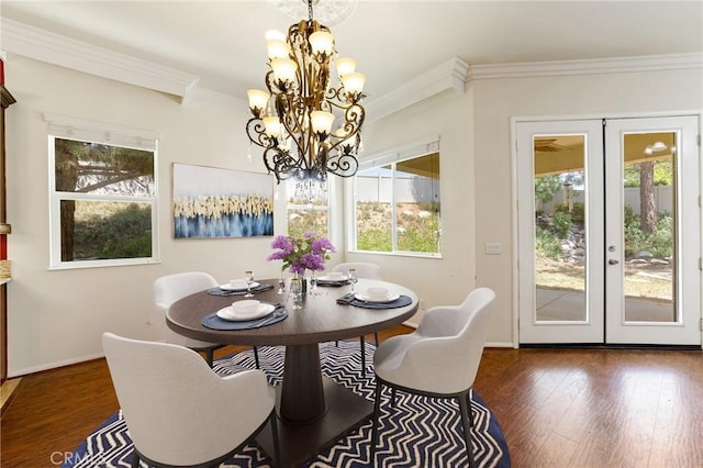 1726 Reyes Ln, Beaumont, CA 92223 - dining space with french doors, a chandelier, wood finished floors, and crown molding