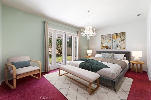 1726 Reyes Ln, Beaumont, CA 92223 - bedroom featuring access to outside, light carpet, and a chandelier