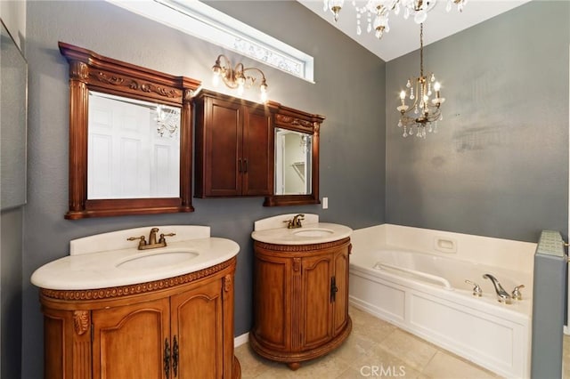 1726 Reyes Ln, Beaumont, CA 92223 - full bath with a chandelier, two vanities, a garden tub, and tile patterned flooring