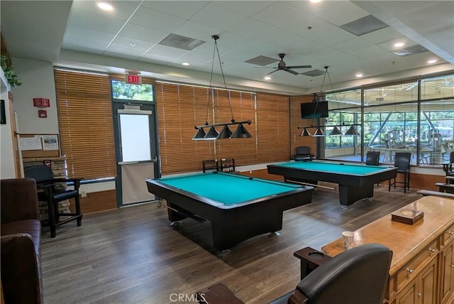 1726 Reyes Ln, Beaumont, CA 92223 - game room featuring pool table, dark wood finished floors, a ceiling fan, and a drop ceiling