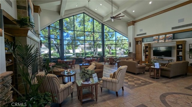 1726 Reyes Ln, Beaumont, CA 92223 - building lobby with high vaulted ceiling, beamed ceiling, and recessed lighting