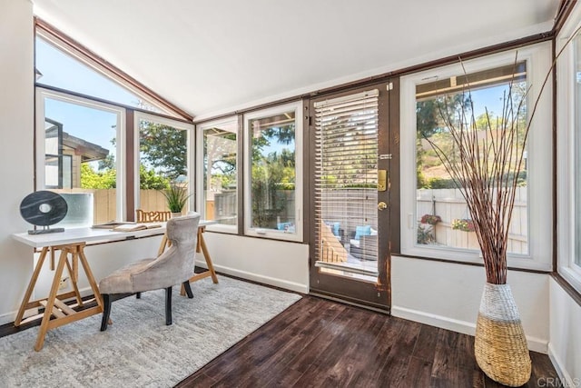 17177 Bernardo Center Dr, San Diego, CA 92128 - home office featuring dark wood-style floors and vaulted ceiling