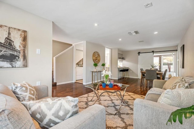 17177 Bernardo Center Dr, San Diego, CA 92128 - living room featuring washer / dryer, wood finished floors, recessed lighting, and stairway