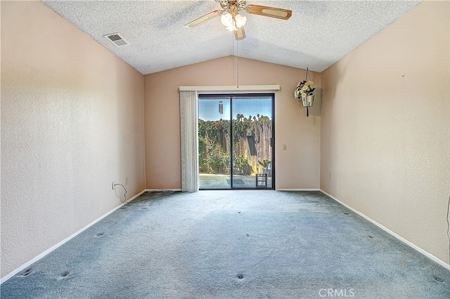 5050 Canyon Crest Dr Unit 5, Riverside, CA 92507 - empty room featuring lofted ceiling, carpet flooring, ceiling fan, a textured ceiling, and a textured wall