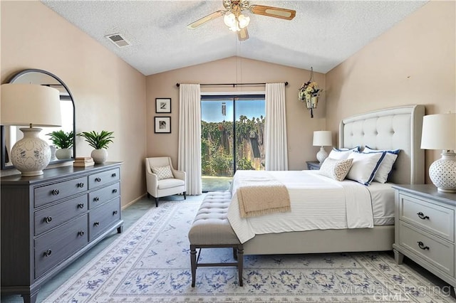 5050 Canyon Crest Dr Unit 5, Riverside, CA 92507 - bedroom featuring vaulted ceiling, access to outside, a textured ceiling, light carpet, and ceiling fan