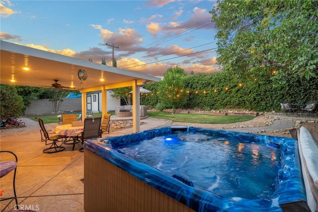 2240 La Sierra Way, Claremont, CA 91711 - view of pool with a hot tub, a patio, a fenced backyard, and a ceiling fan