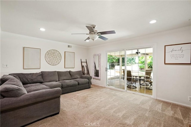 2240 La Sierra Way, Claremont, CA 91711 - carpeted living area with ceiling fan, crown molding, and recessed lighting