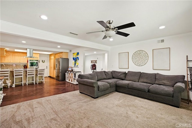 2240 La Sierra Way, Claremont, CA 91711 - living area with recessed lighting, a ceiling fan, crown molding, and dark wood-style floors