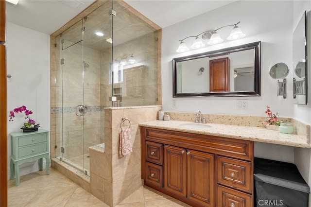 2240 La Sierra Way, Claremont, CA 91711 - bathroom featuring tile patterned flooring, a shower stall, vanity, and a ceiling fan