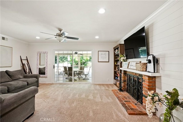 2240 La Sierra Way, Claremont, CA 91711 - carpeted living area with a brick fireplace, ornamental molding, a ceiling fan, and recessed lighting