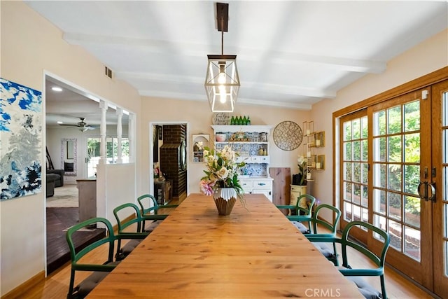 2240 La Sierra Way, Claremont, CA 91711 - dining room featuring beamed ceiling, wood finished floors, ceiling fan, and french doors